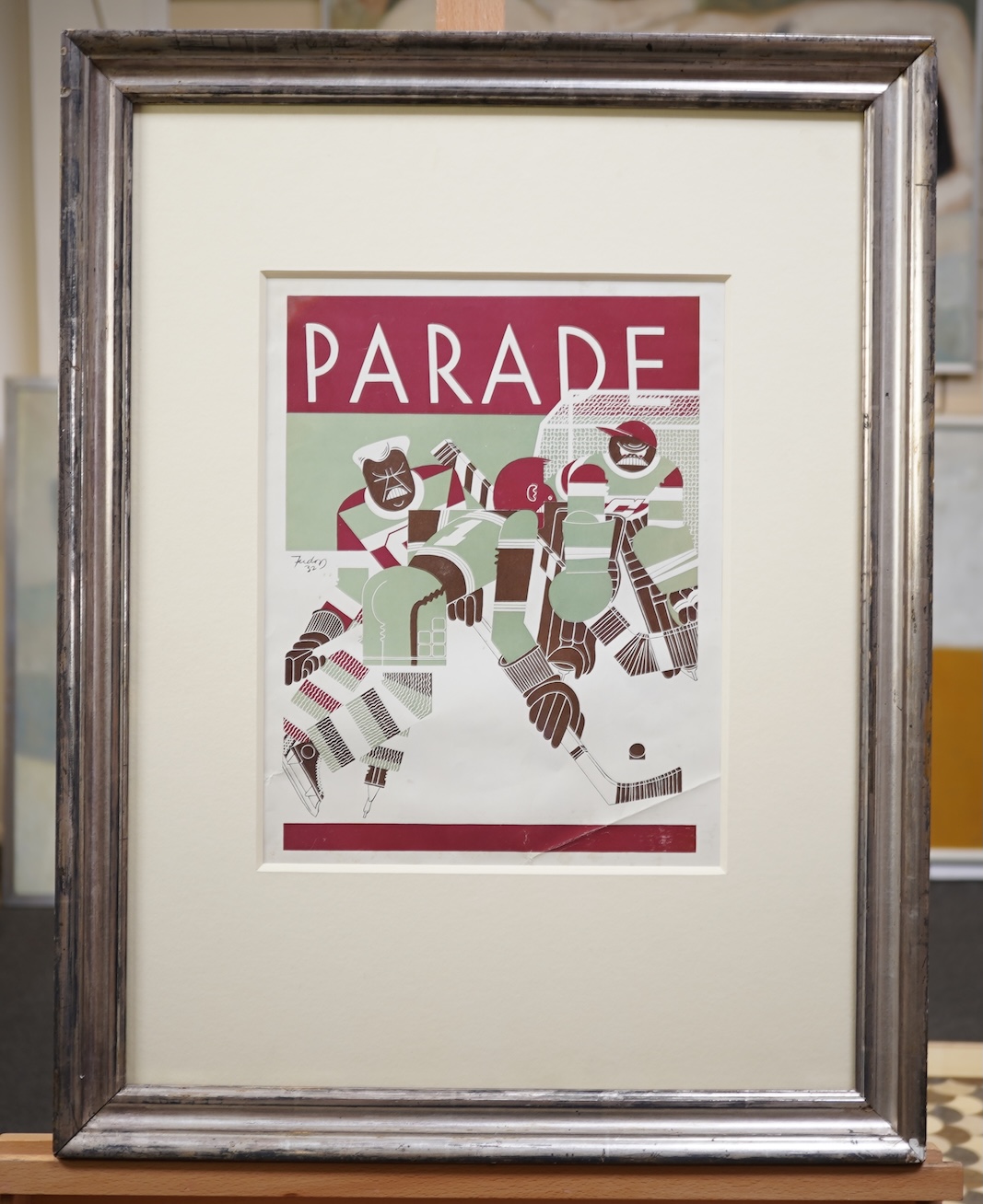 Charles Tudor (American, 1903-1970), Original design for the cover of Parade Magazine, Ice Hockey players, pen and ink, 32 x 24cm, with a copy of the printed magazine cover